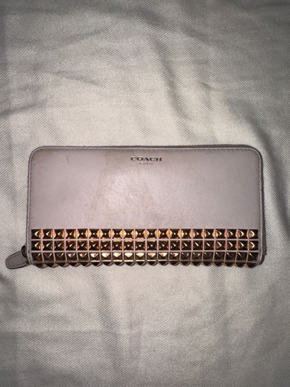Coach Blush Beige Zip-Around Wallet with Rose Gold Studs